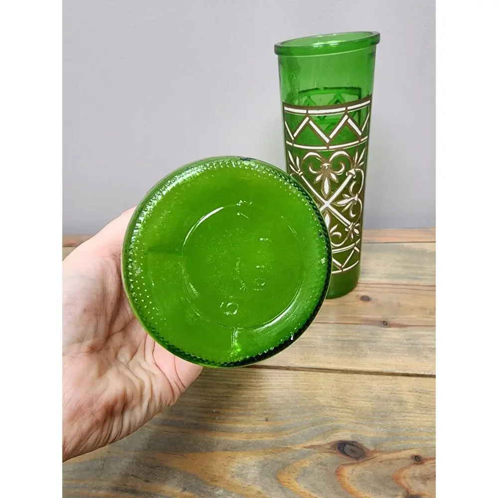 Vintage Green Glass Pillar Candles Geometric Lattice 9